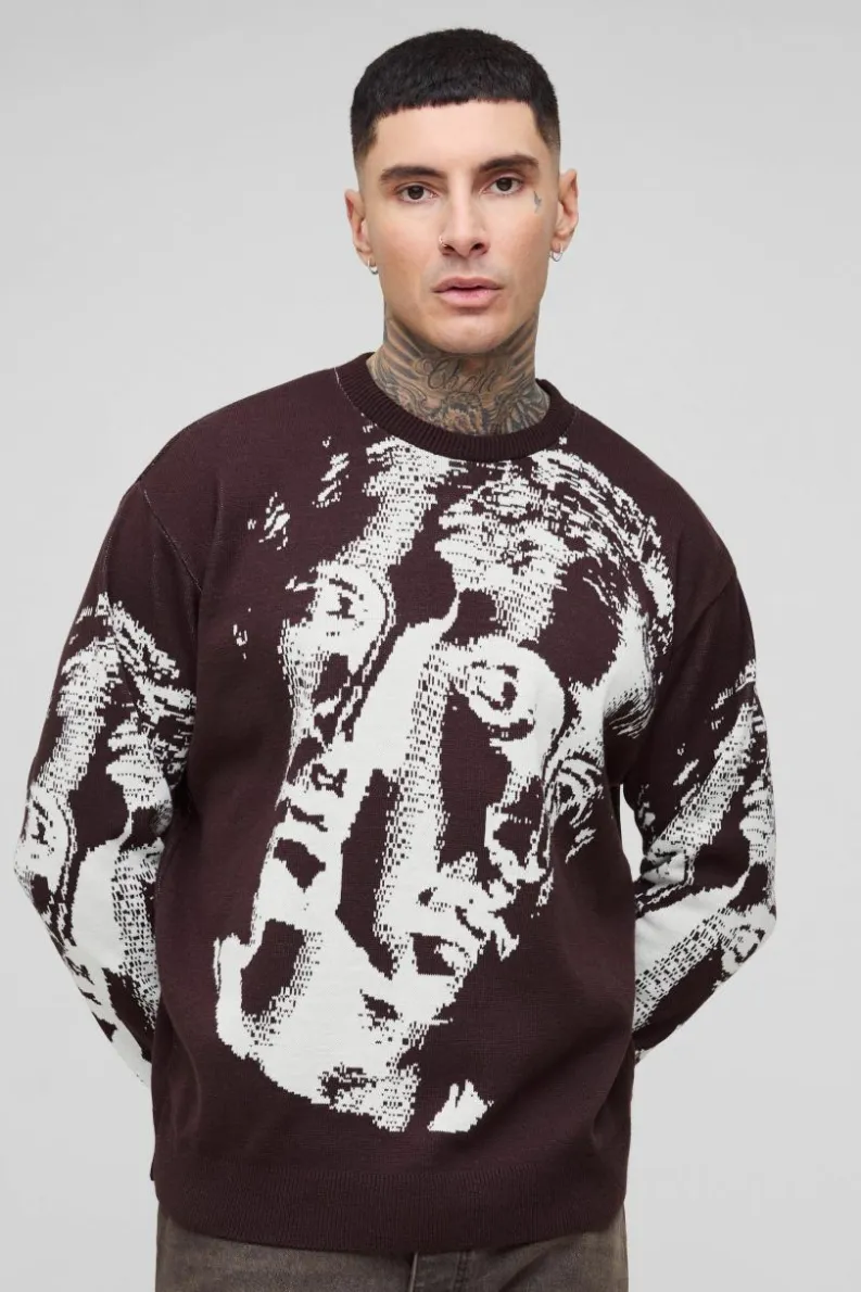 Sale boohooMAN Tall Oversized Renaissance Face Knit Jumper chocolate