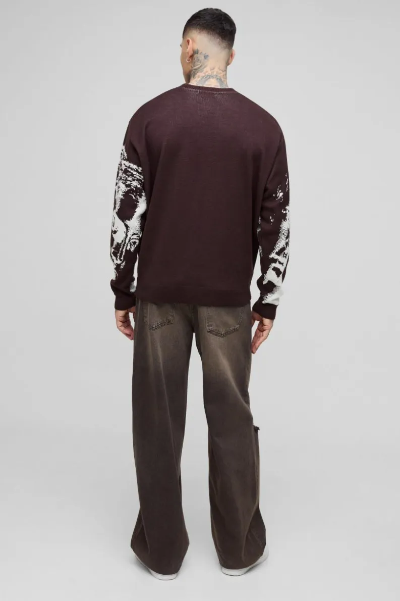 Sale boohooMAN Tall Oversized Renaissance Face Knit Jumper chocolate