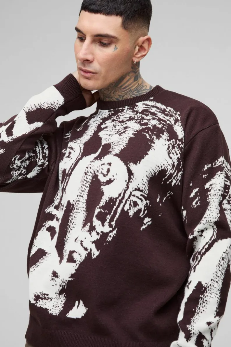 Sale boohooMAN Tall Oversized Renaissance Face Knit Jumper chocolate