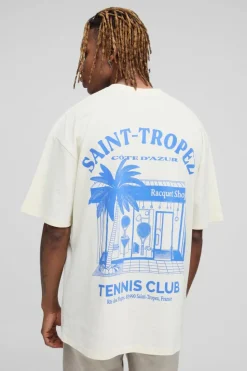 Outlet boohooMAN Tall Oversized Saint Tropez Print T-shirt ecru