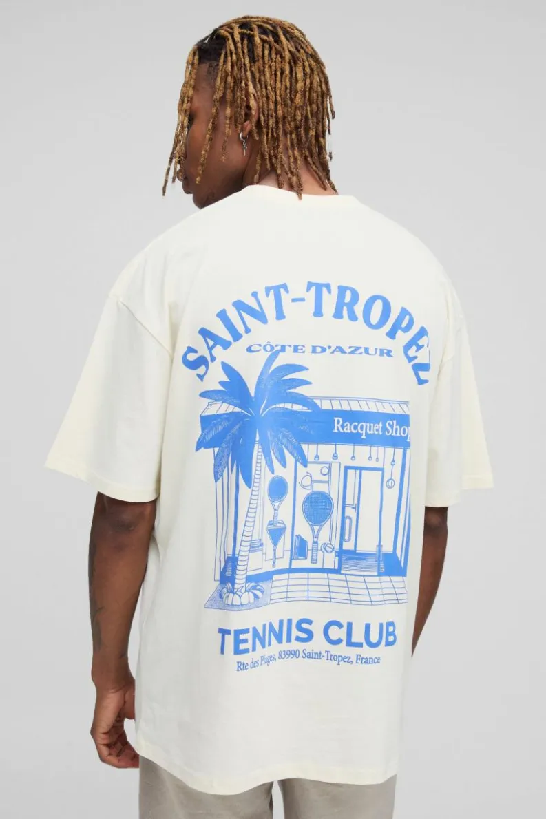 Outlet boohooMAN Tall Oversized Saint Tropez Print T-shirt ecru