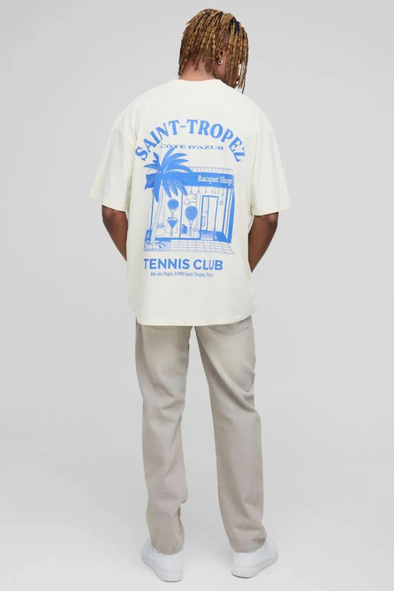 Outlet boohooMAN Tall Oversized Saint Tropez Print T-shirt ecru