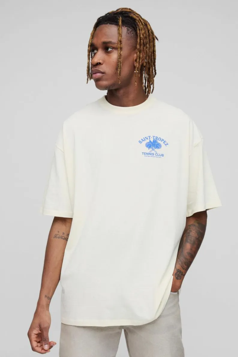 Outlet boohooMAN Tall Oversized Saint Tropez Print T-shirt ecru