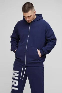 Online boohooMAN Tall Oversized Satin Applique WRLDWD Hooded Relaxed Jogger Tracksuit navy