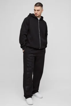 Online boohooMAN Tall Oversized Satin Applique WRLDWD Hooded Relaxed Jogger Tracksuit black
