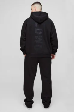 Online boohooMAN Tall Oversized Satin Applique WRLDWD Hooded Relaxed Jogger Tracksuit black
