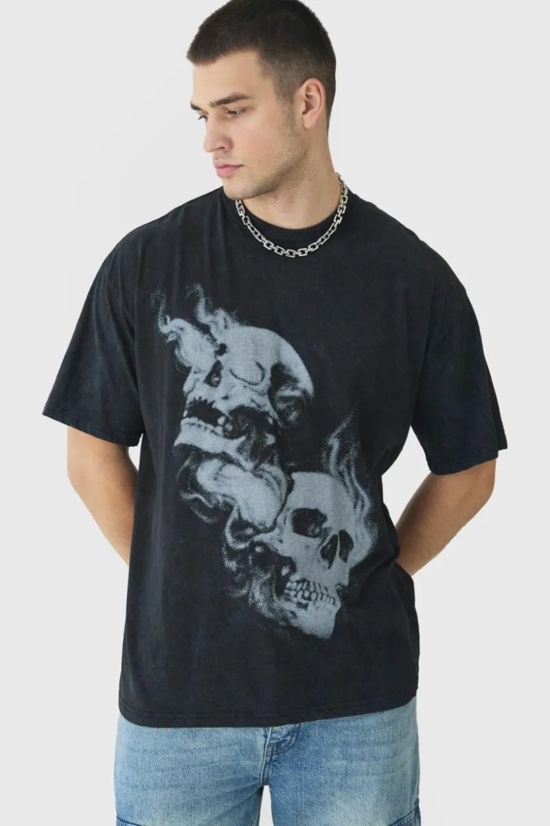 Flash Sale boohooMAN Tall Oversized Skull Acid Wash T-Shirt charcoal