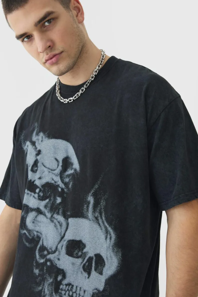 Flash Sale boohooMAN Tall Oversized Skull Acid Wash T-Shirt charcoal