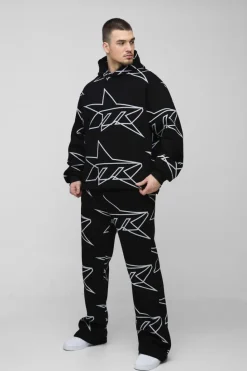 Online boohooMAN Tall Oversized Star All Over Printed Gusset Flare Hooded Tracksuit black