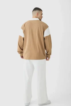 New boohooMAN Tall Oversized Worldwide Applique Rugby Polo brown