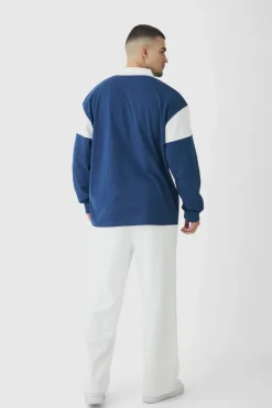 Hot boohooMAN Tall Oversized Worldwide Applique Rugby Polo navy
