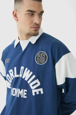 Hot boohooMAN Tall Oversized Worldwide Applique Rugby Polo navy