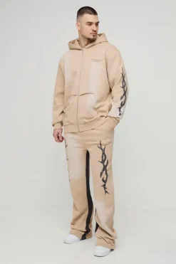 Cheap boohooMAN Tall Oversized Zip Thru Graphic Spray Wash Hooded Relaxed Flare Tracksuit stone
