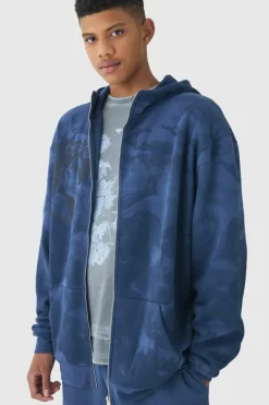 Fashion boohooMAN Tall Oversized Zip Thru Renaissance Print Hoodie navy
