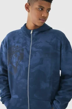 Fashion boohooMAN Tall Oversized Zip Thru Renaissance Print Hoodie navy