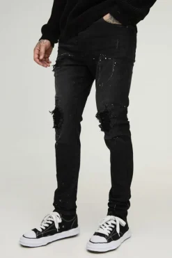 Clearance boohooMAN Tall Paint Splatter Biker Rip & Repair Zip Hem Skinny Jeans washed black