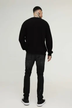 Clearance boohooMAN Tall Paint Splatter Biker Rip & Repair Zip Hem Skinny Jeans washed black