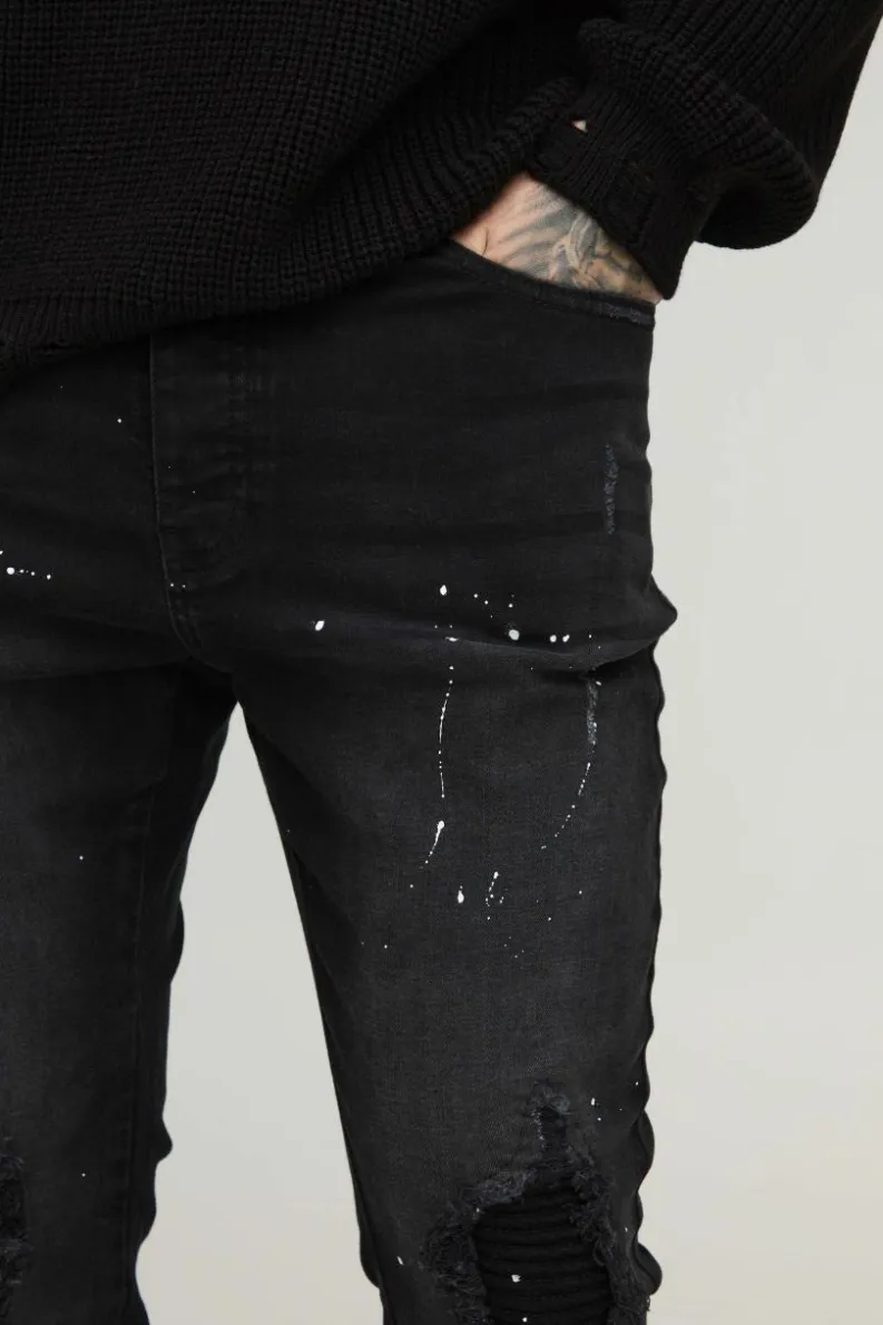 Clearance boohooMAN Tall Paint Splatter Biker Rip & Repair Zip Hem Skinny Jeans washed black