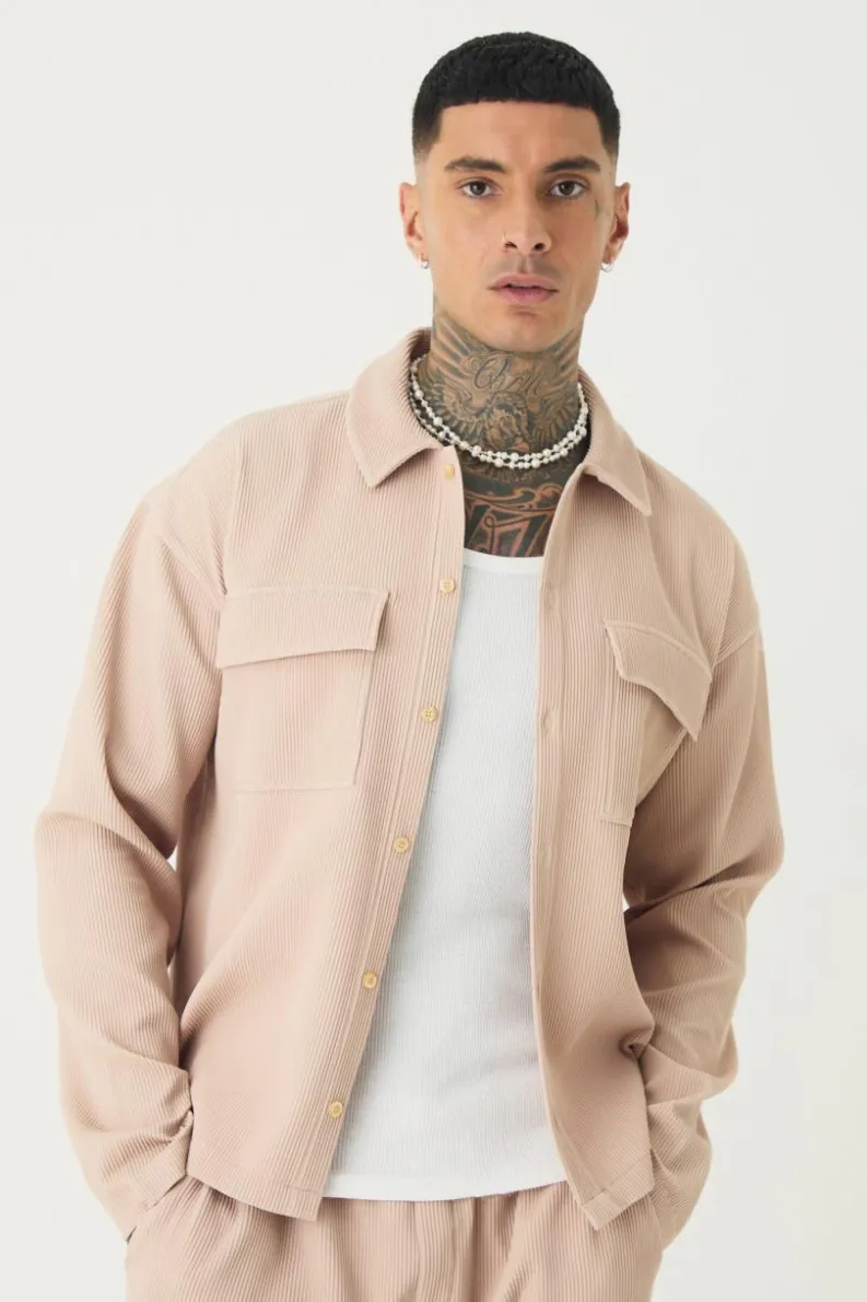 Clearance boohooMAN Tall Pleated Cargo Overshirt taupe