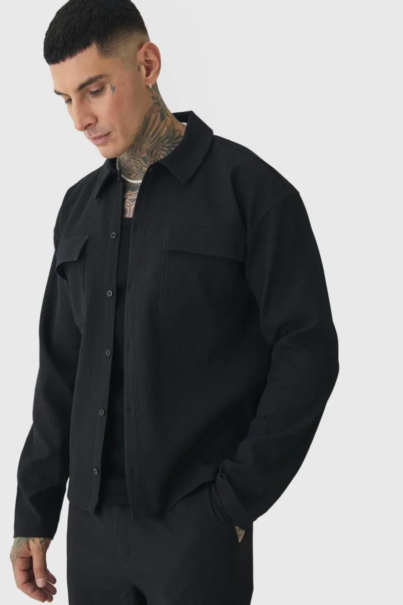 Clearance boohooMAN Tall Pleated Cargo Overshirt black