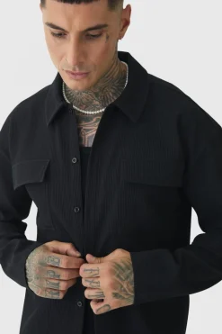 Clearance boohooMAN Tall Pleated Cargo Overshirt black
