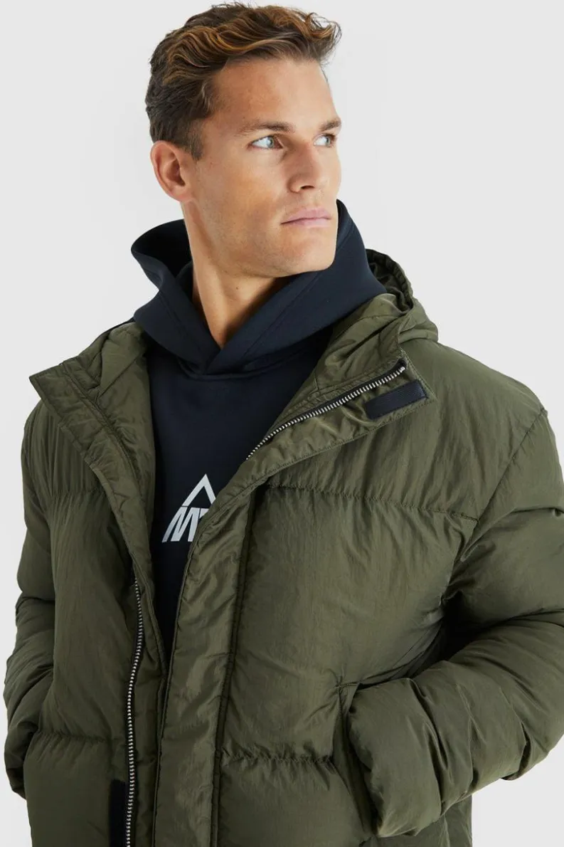 Shop boohooMAN Tall 4 Pocket Longline Hooded Puffer Jacket in khaki