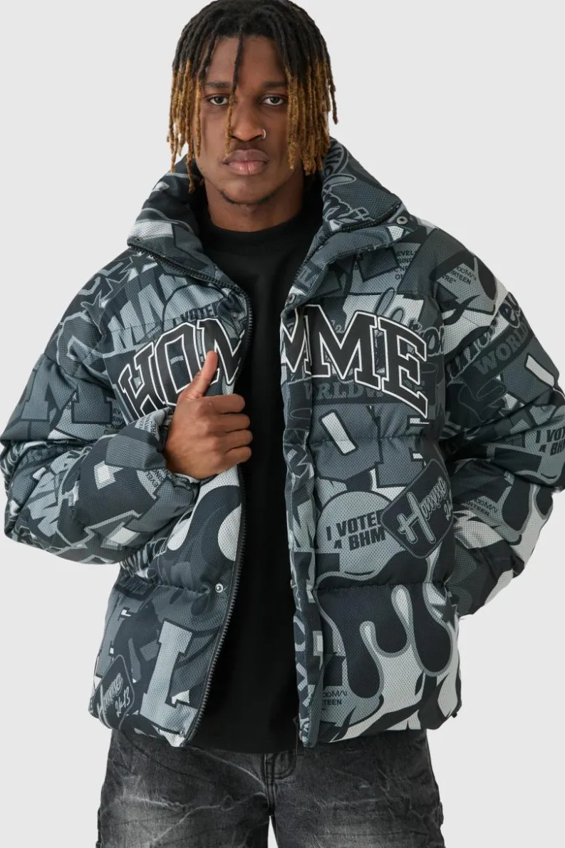Cheap boohooMAN Tall Printed Funnel Neck Mesh Puffer Jacket In black