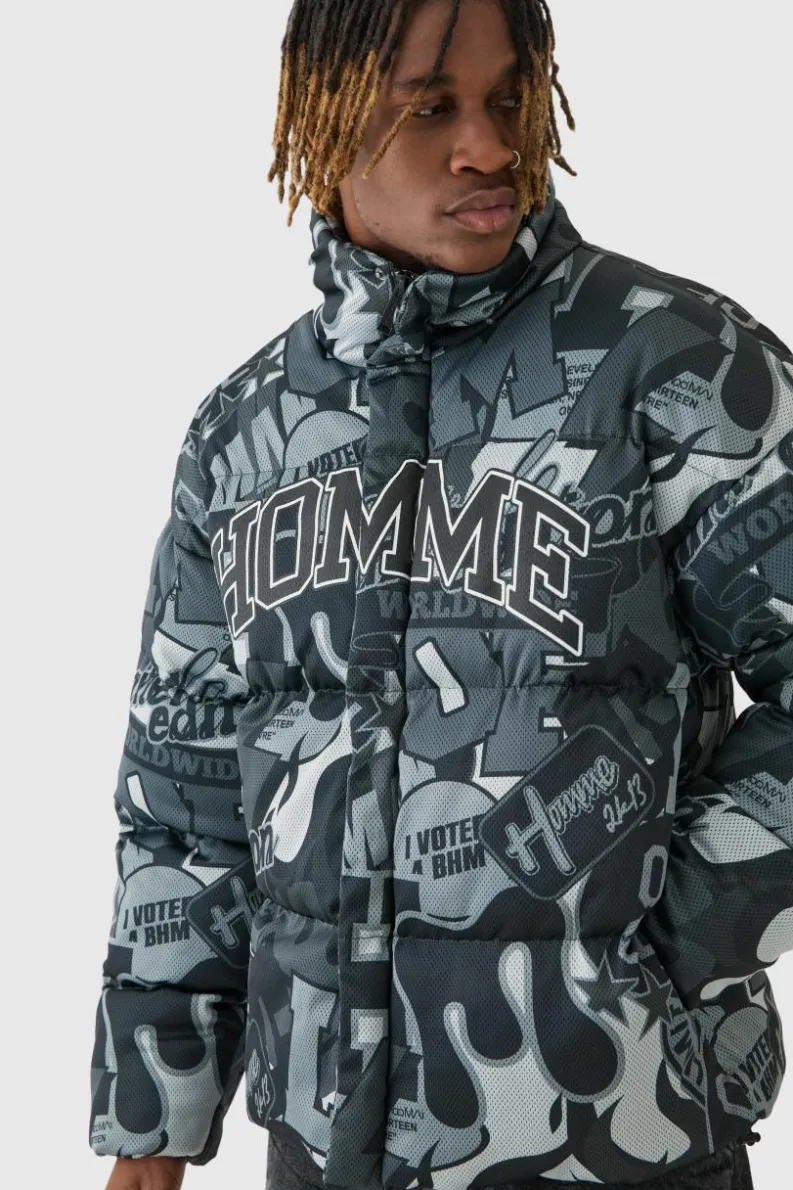 Cheap boohooMAN Tall Printed Funnel Neck Mesh Puffer Jacket In black