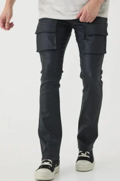 Best Sale boohooMAN Tall PU Coated Stacked Flared Gusset Cargo Jeans black