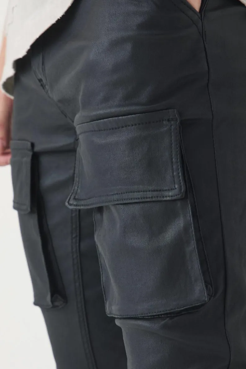 Best Sale boohooMAN Tall PU Coated Stacked Flared Gusset Cargo Jeans black