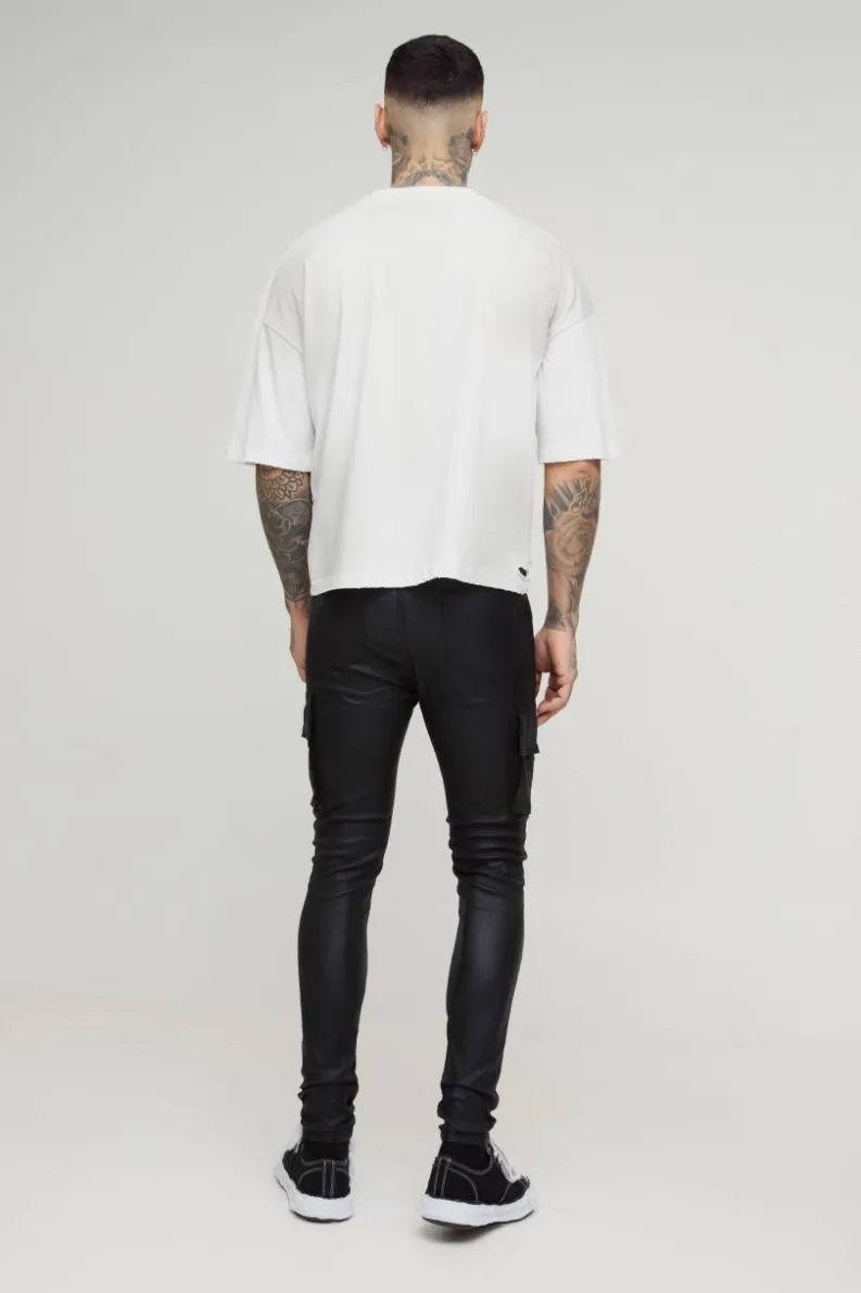 Online boohooMAN Tall PU Coated Super Skinny Cargo Jeans black