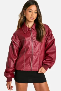 Sale boohoo Tall Pu Contrast Stitch Oversized Bomber Jacket red