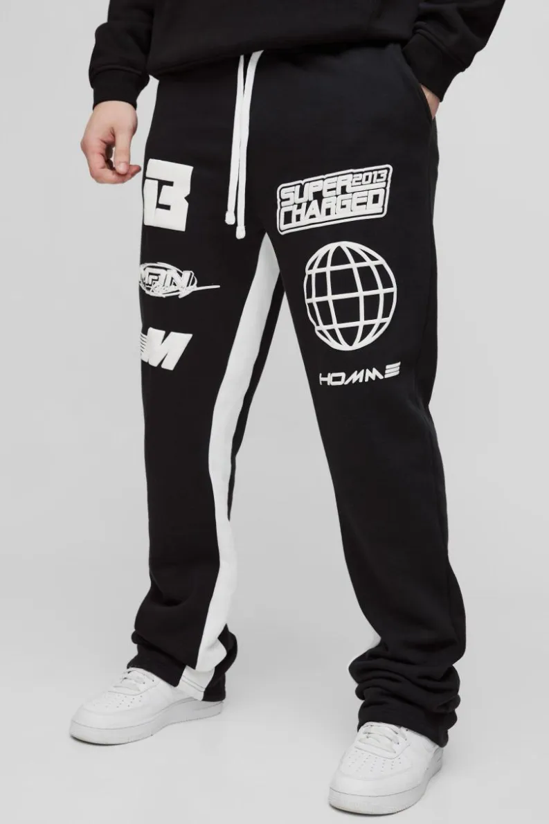Outlet boohooMAN Tall Puff Print Slim Flare Stacked Gusset Jogger black