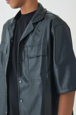 Cheap boohooMAN Tall PU Short Sleeve Overshirt black