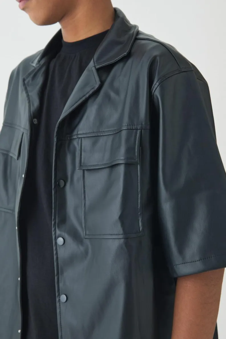 Cheap boohooMAN Tall PU Short Sleeve Overshirt black
