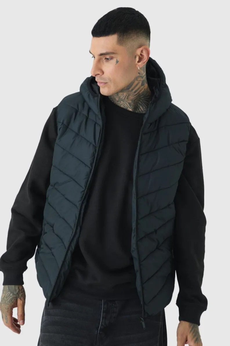 Cheap boohooMAN Tall Quilted Zip Through Hooded Gilet In black