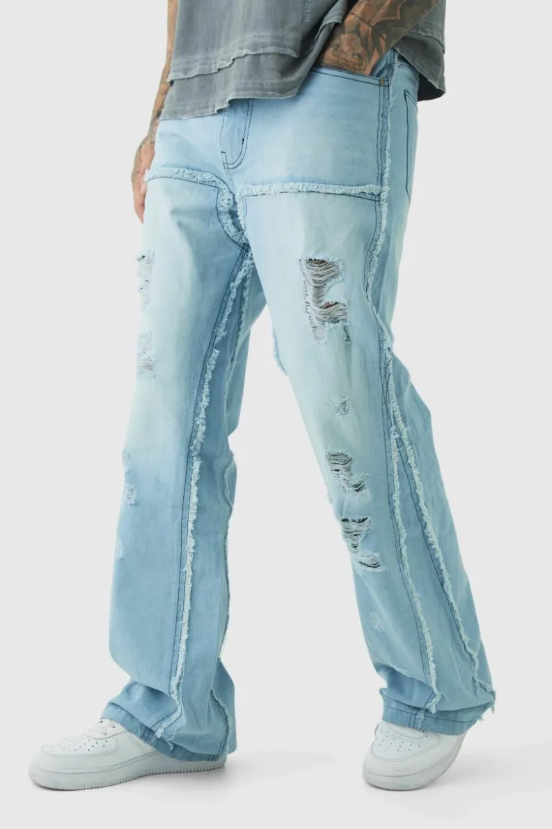 Best boohooMAN Tall Raw Edge Rip & Repair Carpenter Panel Relaxed Fit Flared Jeans ice blue