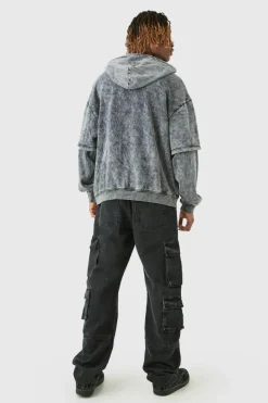Clearance boohooMAN Tall Relaxed Fit Acid Wash Cargo Jeans charcoal