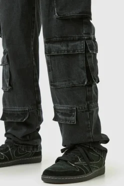Clearance boohooMAN Tall Relaxed Fit Acid Wash Cargo Jeans charcoal