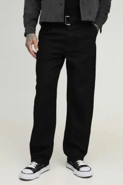 New boohooMAN Tall Relaxed Fit Belted Trousers in black