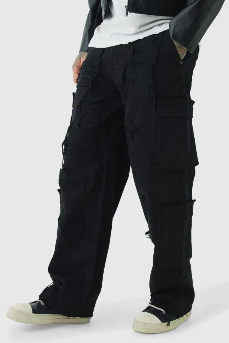 Online boohooMAN Tall Relaxed Fit Distressed Cargo Trousers black