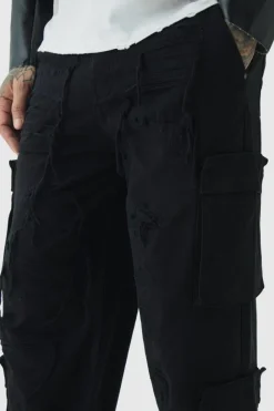 Online boohooMAN Tall Relaxed Fit Distressed Cargo Trousers black