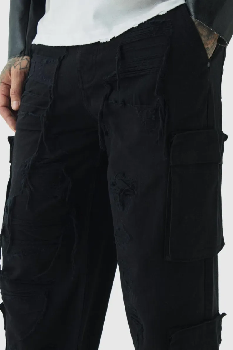 Online boohooMAN Tall Relaxed Fit Distressed Cargo Trousers black