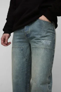 Outlet boohooMAN Tall Relaxed Fit Embroidered Carpenter Jeans antique blue