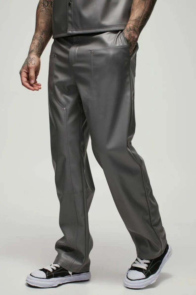 Best boohooMAN Tall Relaxed Fit Fixed Waistband PU Worker Panel Trousers grey