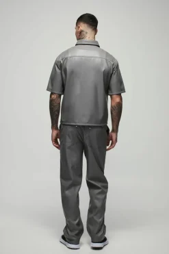 Best boohooMAN Tall Relaxed Fit Fixed Waistband PU Worker Panel Trousers grey