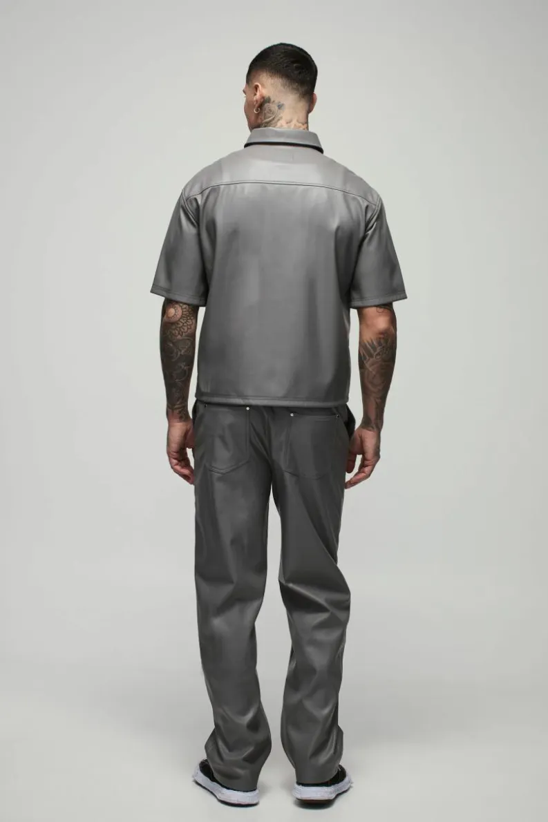 Best boohooMAN Tall Relaxed Fit Fixed Waistband PU Worker Panel Trousers grey
