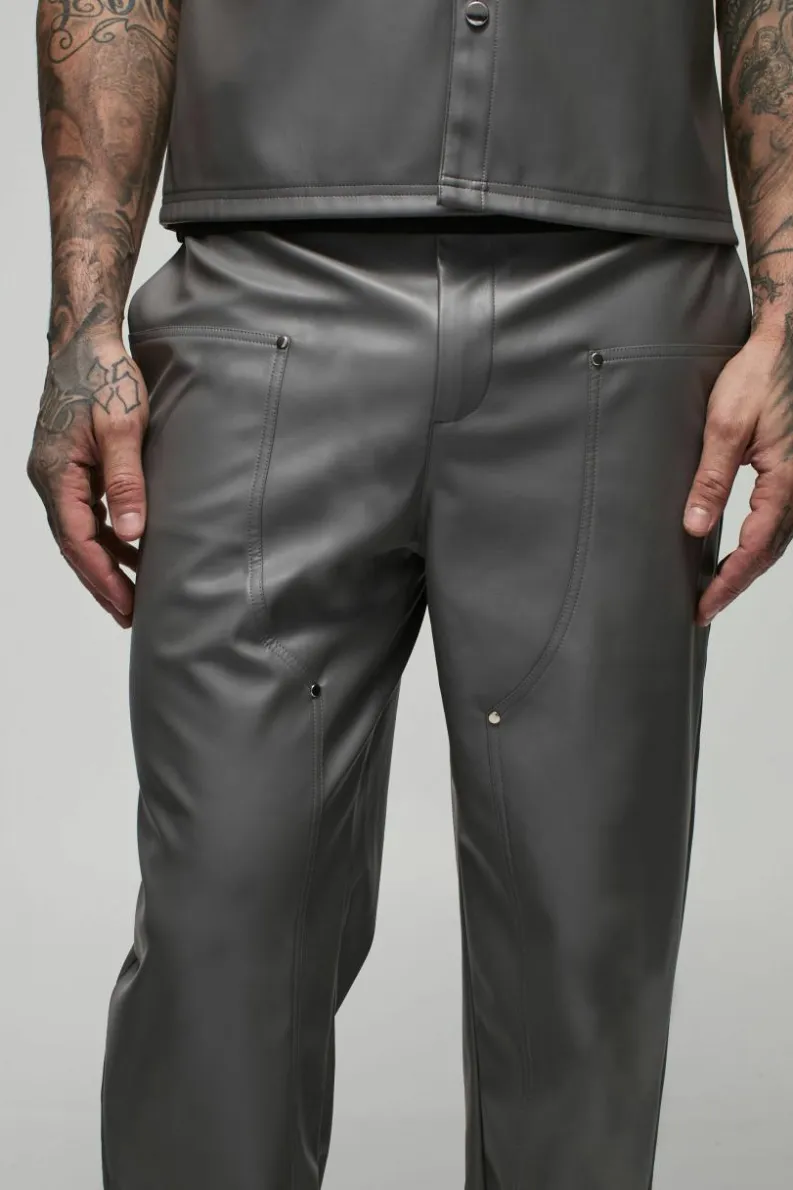 Best boohooMAN Tall Relaxed Fit Fixed Waistband PU Worker Panel Trousers grey