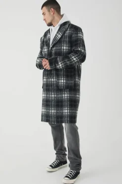 Cheap boohooMAN Tall Relaxed Fit Single Breasted Check Overcoat In black