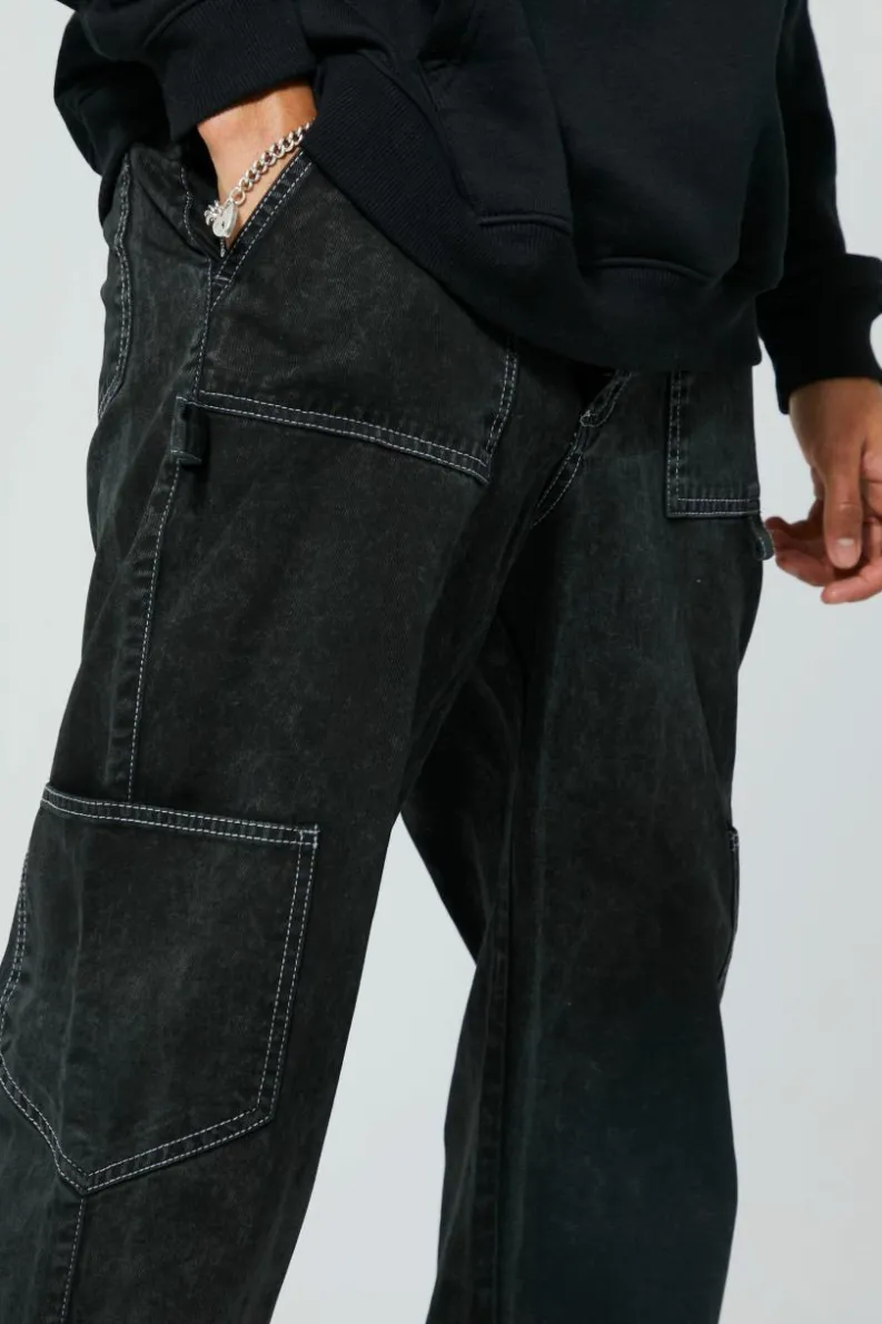 Clearance boohooMAN Tall Relaxed Fit Washed Carpenter Cargo Trouser black